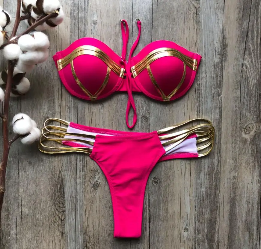 

STOCK 4Colors Gold Straps Underwire Push Up Swimwear Low Rise Cheeky Plus Size Bikini
