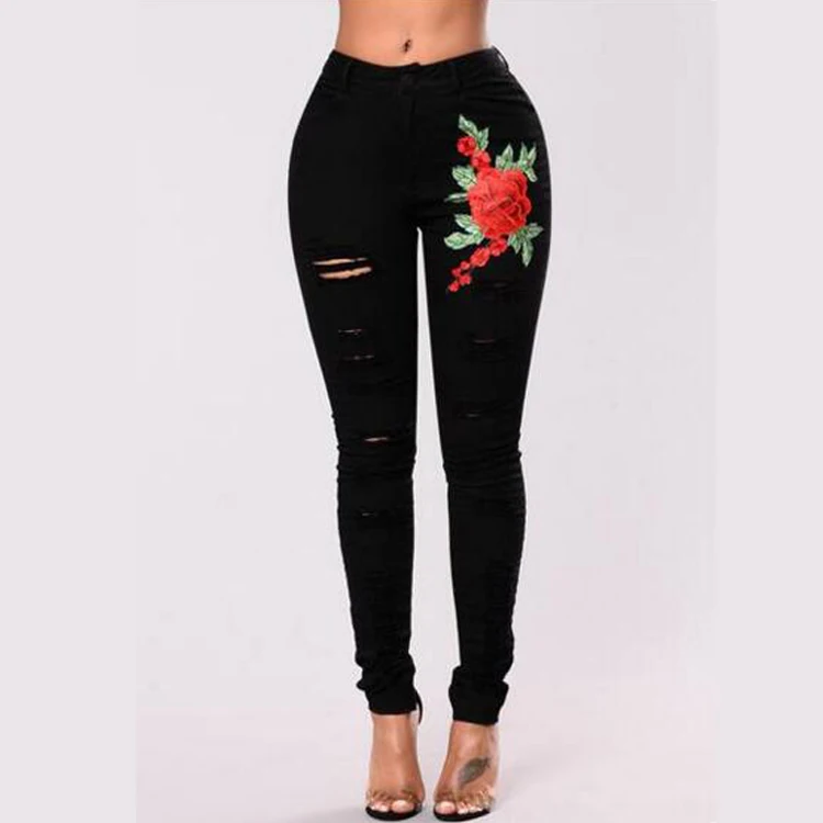 

Fashion Black Solid Color Denim Embroidered Ripped Pants Black Jeans Women