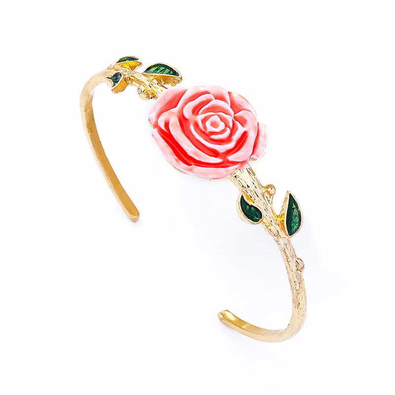 

sl00373c Fashion Gold Pink Enamel Rose Bangle Bracelets Jewelry Valentine's Day Gift For Girlfriends, As picture