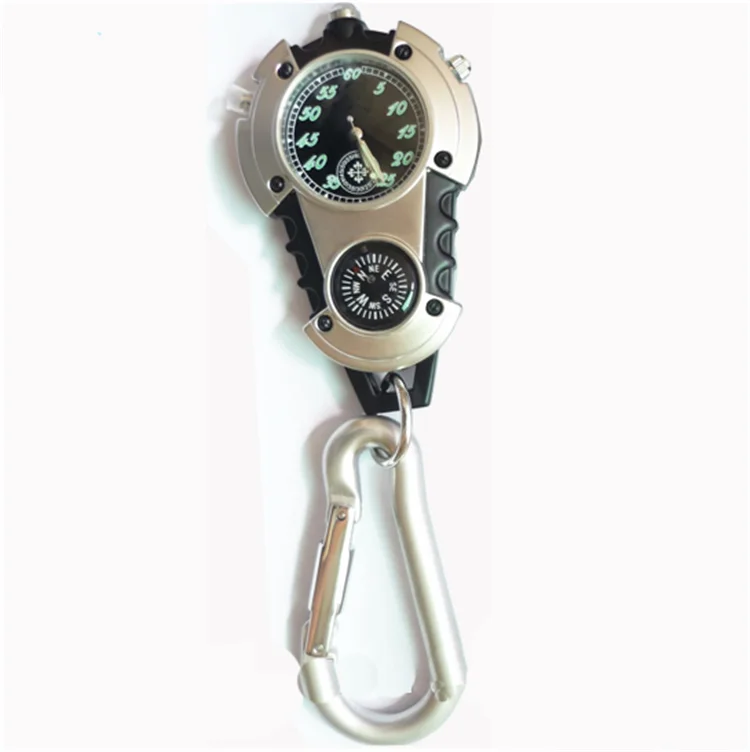 Fashion good price alloy watch factory wholesale carabiner clip hanging compass multifunction watch with small bulb