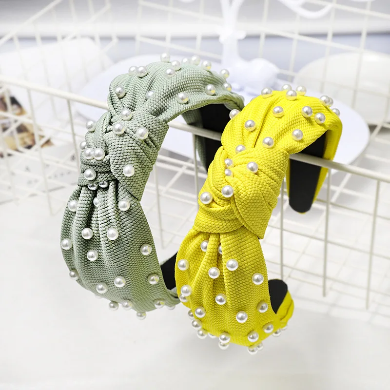 
LRTOU Wholesale Hair Accessories Girls Plain Fabric Knot Plastic Headband Custom Pearl Hair Bands For Women 