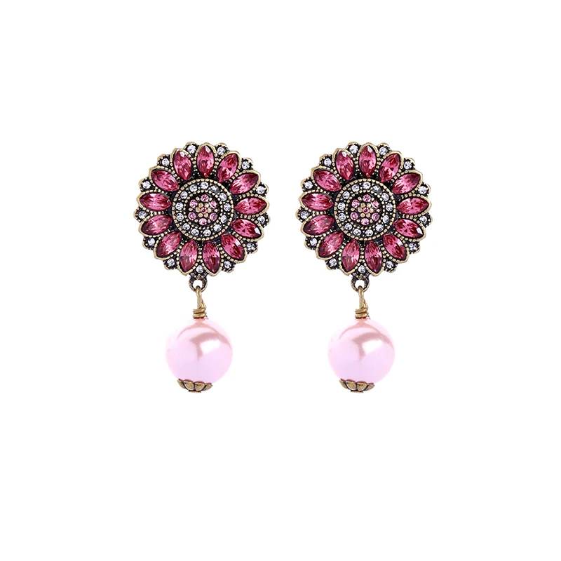 

ed00615c Retail Shop Pink Pearl Dangler Pave Gem Flower Earings Vintage