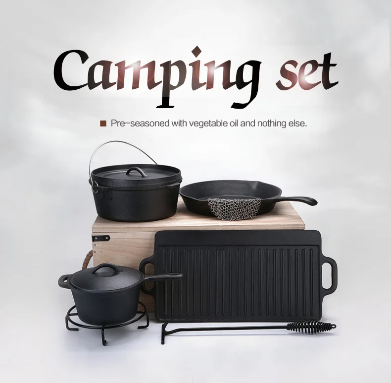 Camping Cookware Set Compact Cast Iron Campfire Cooking Pots And Pans