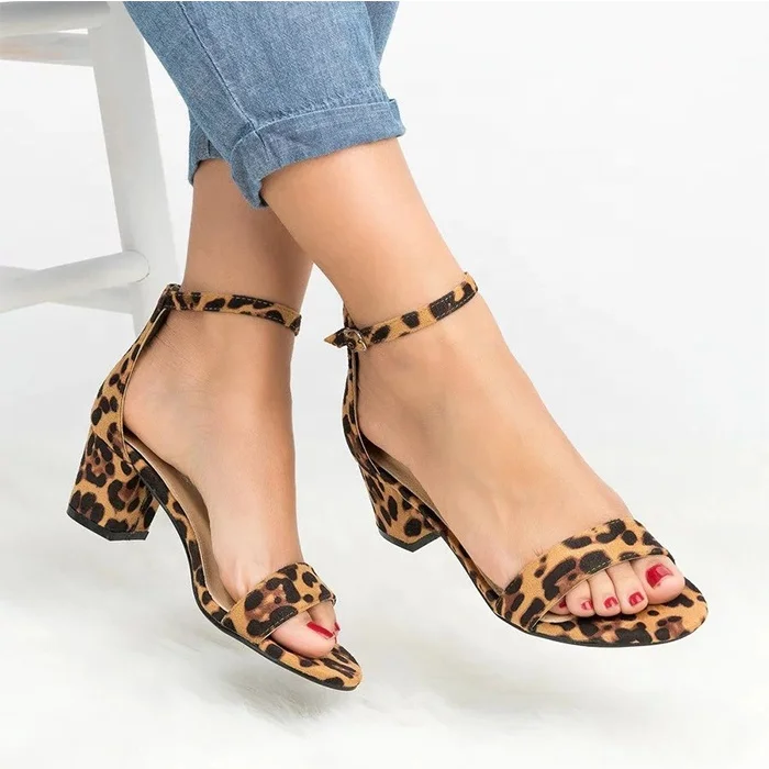 

In Stock Soft Custom Women Leopard Ankle Strap Block Heel Sandals, 3 colors