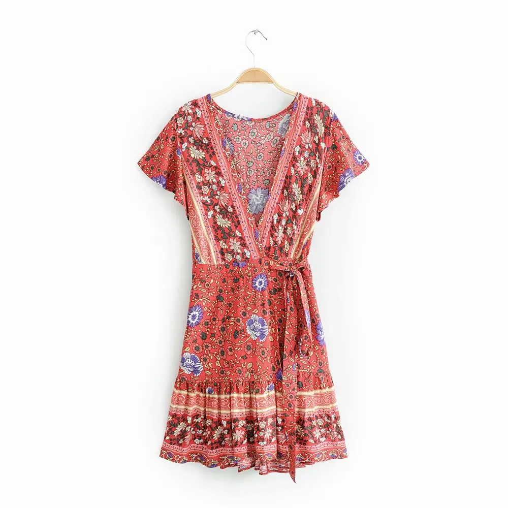 

Fashion design flower printed sexy v neck short sleeve women summer dresses