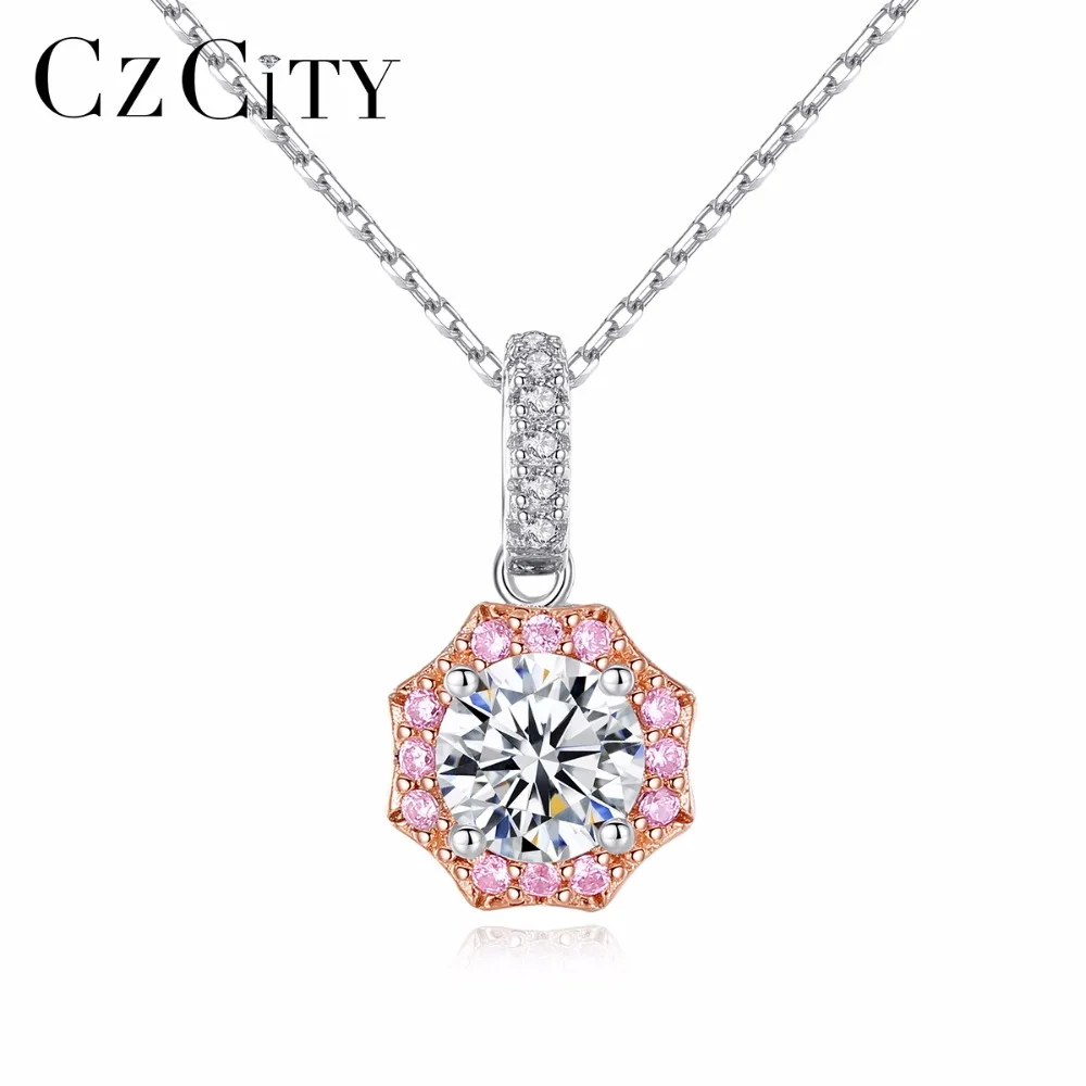 

CZCITY New Arrival Fancy Colorful Flower Shaped 925 Silver Pendant Necklace Mounting Clear-pink CZ Stone For Women Party Gift