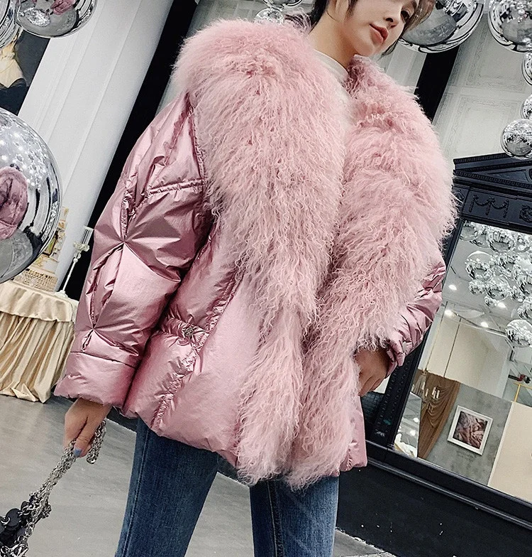 

Women's Thickened Down Jacket Shiny Outershell Overcoat Puffer Coat Winter Women's Mongolian Lamb Fur Comfy Down Jacket, As photo or customized