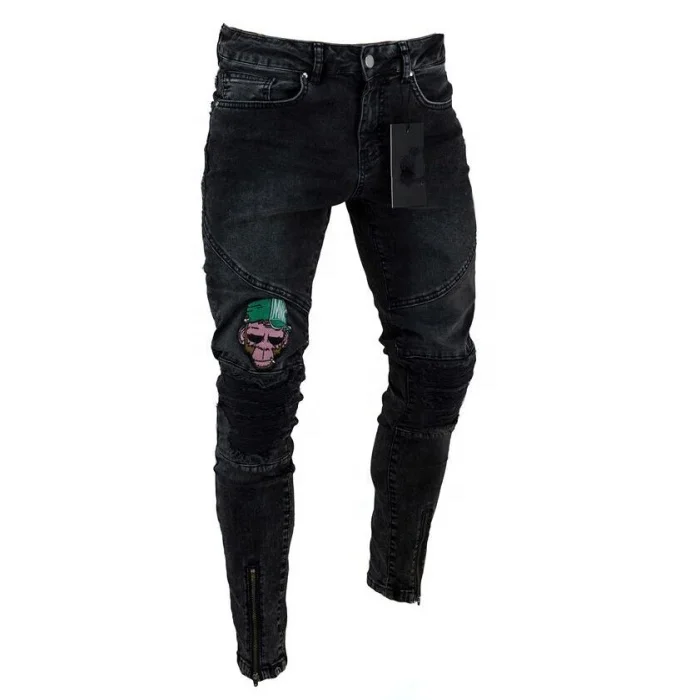 

Monkey Embroidery jeans Straight skinny jeans Men Casual Slim pants Men's Black Trousers