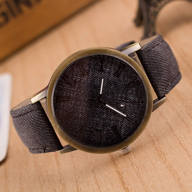 

Men's Vintage Leather Watch Bronze Jean Fabric Leather Watch Quartz Analog Leather Watch LW024, 9 different colors as picture
