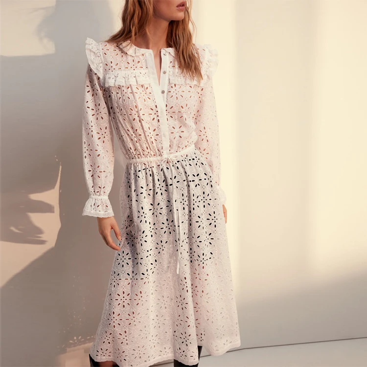 

Elegant Floral Eyelet cut out long sleeve cotton women long dress, Customized