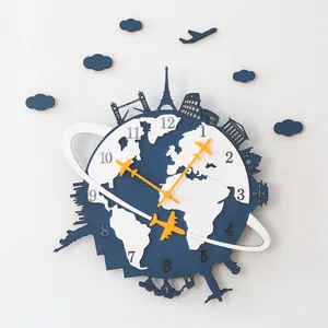 Mandelda Novel Silent Quartz E0 Wooden DIY Decorative Wall Clock for Living Room World Tourism Home Decoration Watch 18 inch