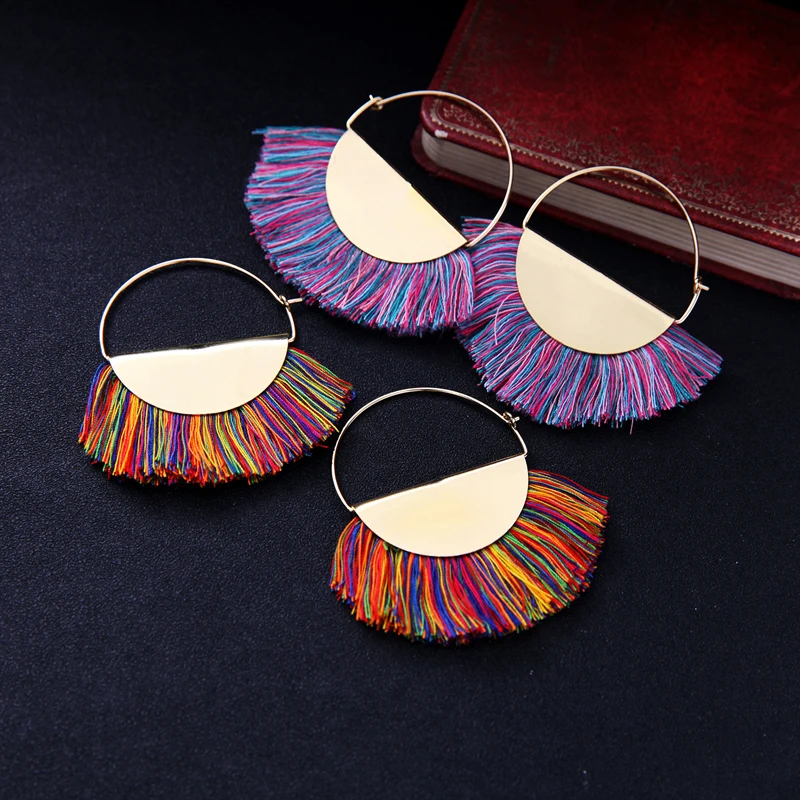 

ed01313b Gold Plated Wholesale Bohemian Hoop Fashion Margin Edge Tassel Earrings For Women, As picture