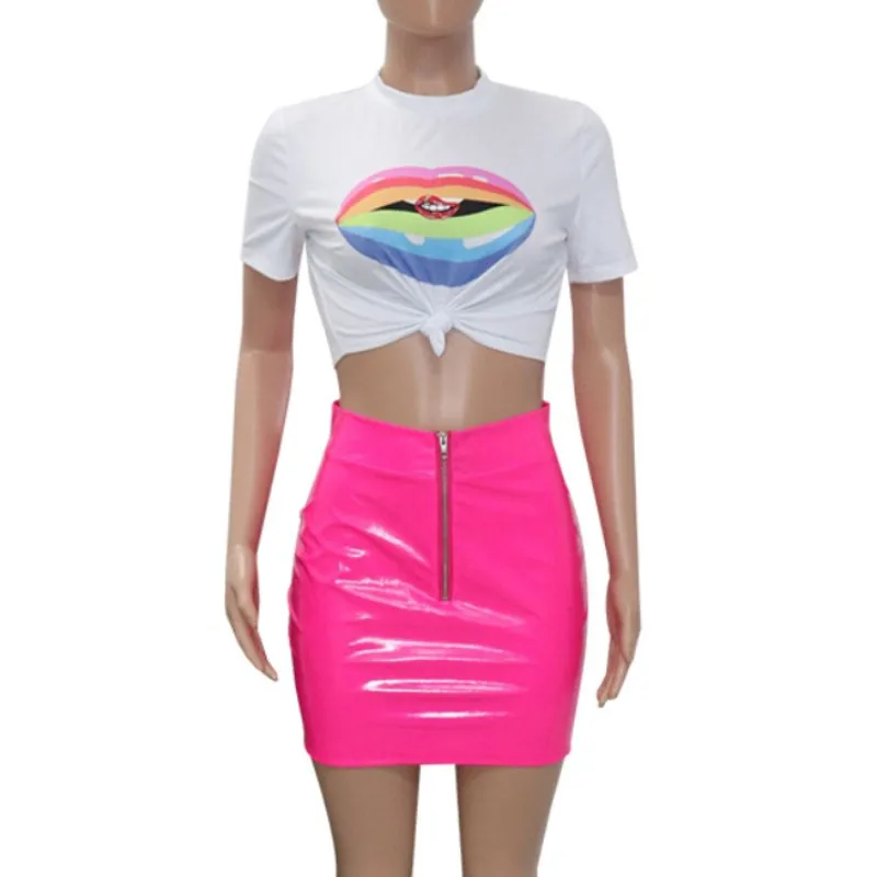 

4 Color Fashion Lips Print T Shirt And PU Mini Short Skirt Set Two Piece Suit Women Summer Clothes Set Sexy Clubwear E3475