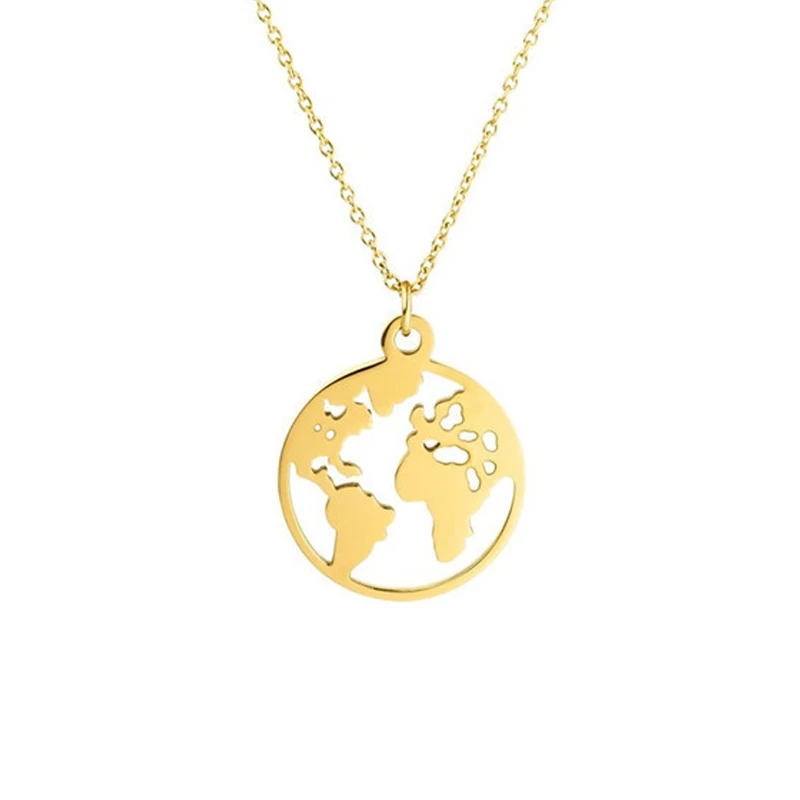

Minimalist Medal Jewelry Women Stainless Steel Earth Pendant World Map Necklace, Silver