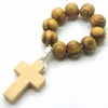 Fashionable Pine Wooden Beads Knitted Rope Cording Rosary Catholic Decades Cross Finger Ring