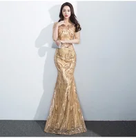 

A2476 Wholesale 2020 Instock High Quality Mid Sleeve Gold Mermaid Sequin Women Evening Dress With Gold Belt