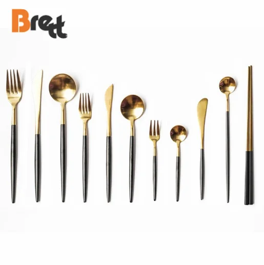 

Wedding flatware set gold cutlery 24pcs set stainless steel, Gold/silver+black/white handle