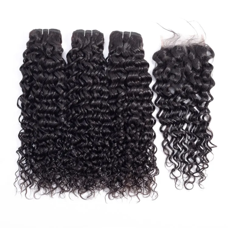 

Water Wave 3 Bundles With Closure Wet and Wavy Human Hair Bundles With Closure Nonremy Mink Brazilian Hair Weave Bundle