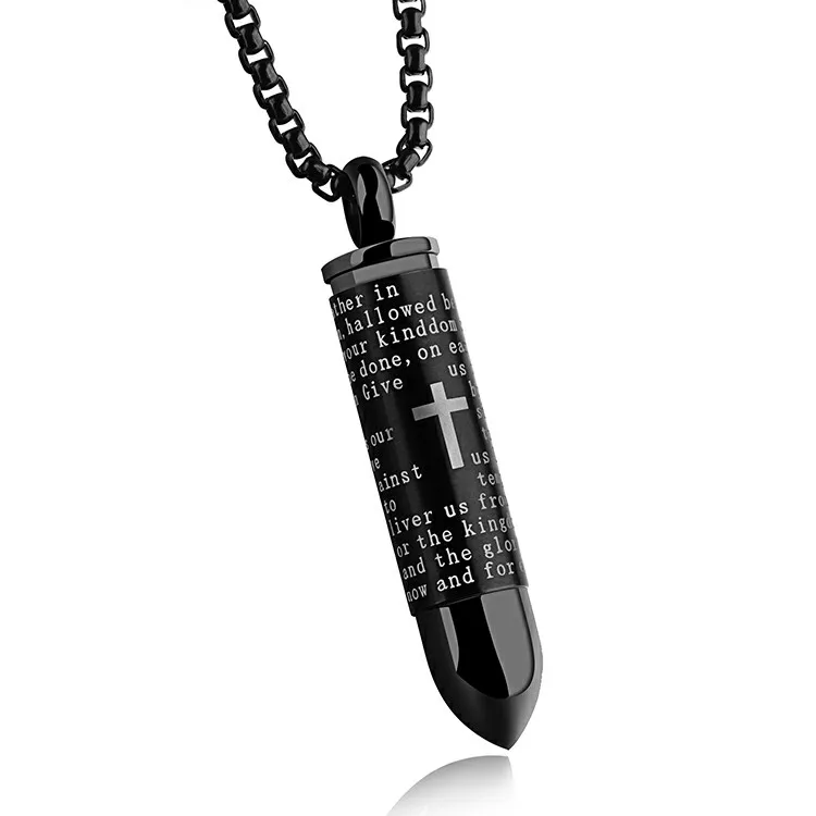 

Marlary Stainless Steel Male Jesus Cross scriptures Jewelry Cremation Urn Ash Pendant Bullet Necklace