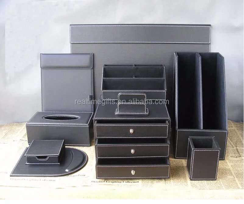 Black Leather Desk Top Accessories Set 