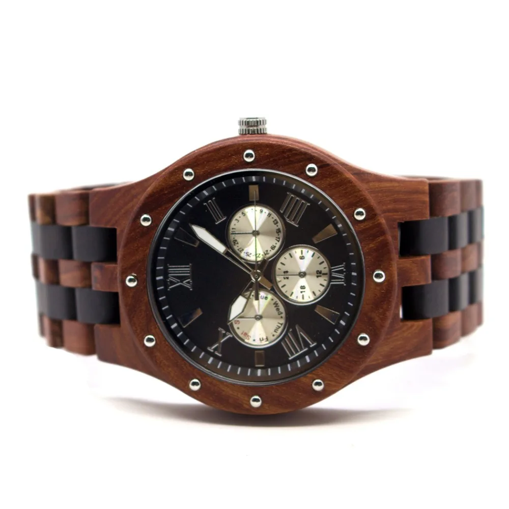 

2017 Black Ebony Quartz Men Wood Watch with Fake Crono Dials, Customized