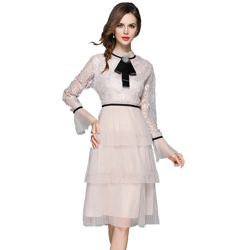 

Ruffles Elegant Beige Pleated Dress with Tie