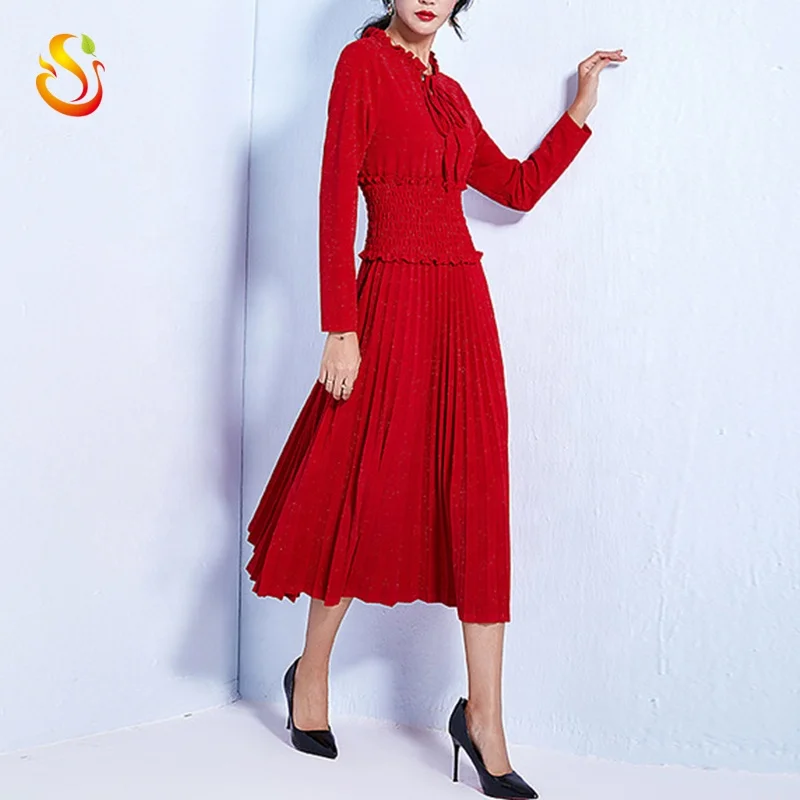 

Latest design custom women long sleeve lotus collar pleated casual formal maxi dress long skirts clothing