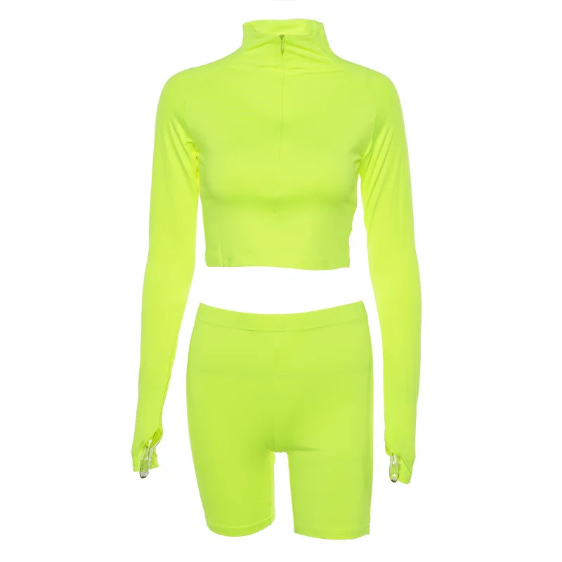 

Fluorescent Sexy 2 Piece Set Women Tracksuit Long Sleeve Crop Top and Biker Shorts Matching Sets Neon Sweatsuit