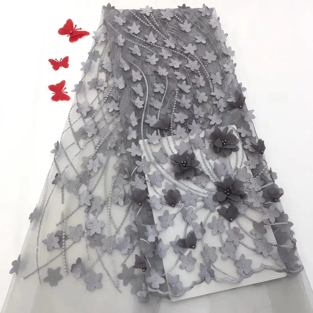

Grey color french tulle mesh African lace fabric 2018 embroidery beaded 3d flowers applique lace fabric, As pictures