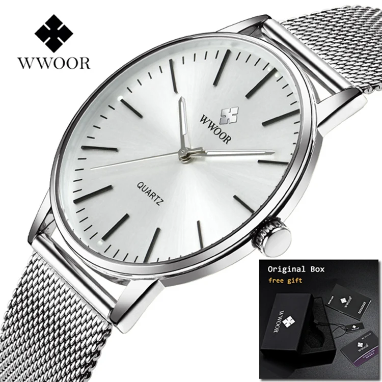 WWOOR 8832 Men Fashion  Quartz Watches  New Luxury Simple Analog Stainless Steel Wristwatch