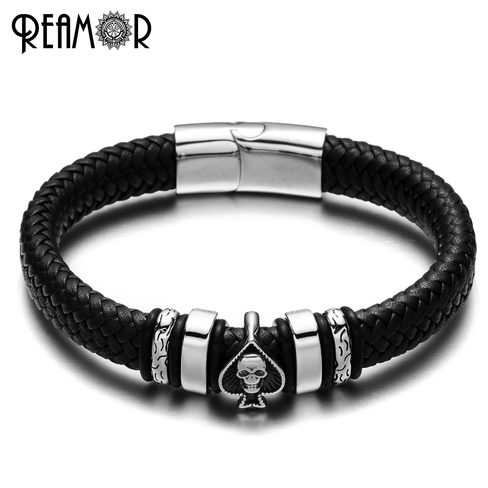 

REAMOR 12mm Width Black/Brown Braided Leather Bracelet Men Stainless Steel Skull Head Cuff Bracelets&Bangles Men Jewelry