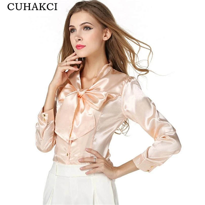

CUHAKCI Women Long Sleeve Elegant Women Office Blouse Fashion Casual Slim Apricot Wine Red Ladies Tops Big Bow Blouse