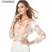 

CUHAKCI Women 2017 Long Sleeve Elegant Women Office Blouse Fashion Casual Slim Apricot Wine Red Ladies Tops Big Bow Blouse