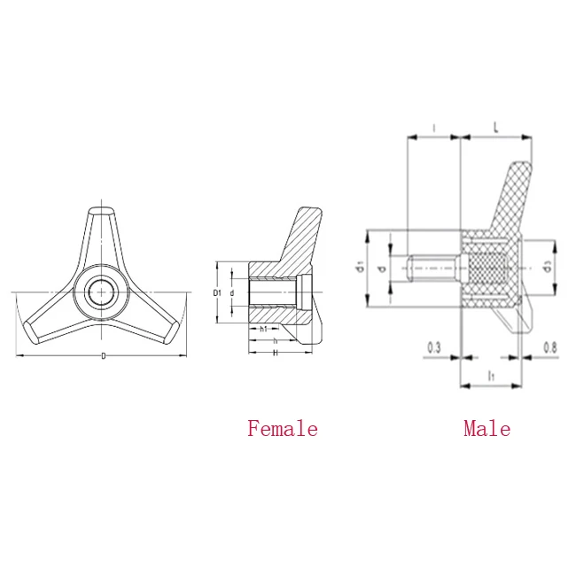 Three Arms Clamping Knob Female And Male Nylon Lobe Knob Triangle
