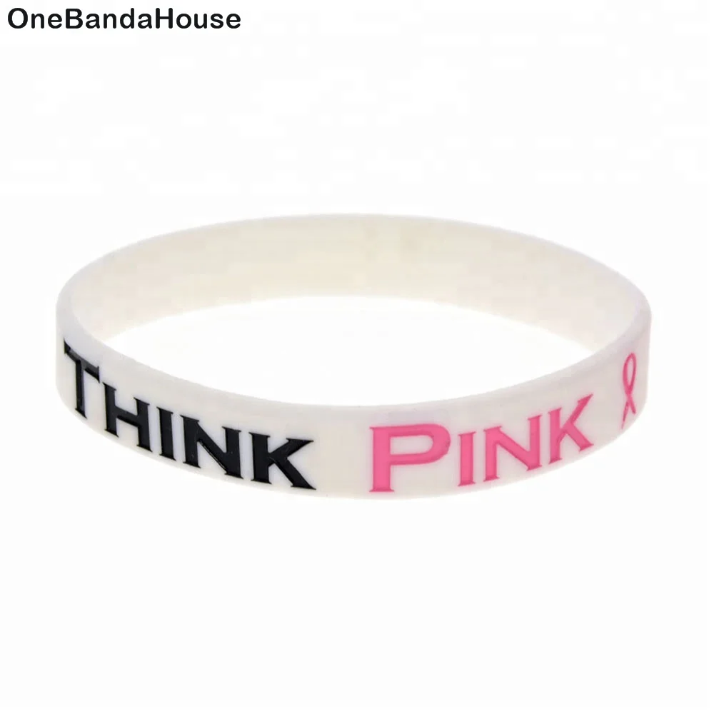 

50pcs White Debossed Think Pink Ribbon Breast Cancer Silicone Wristband