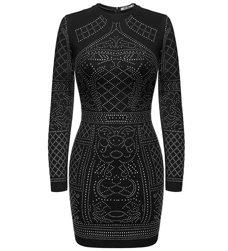 

9 Color 2019 Sexy Geometric Retro Rhinestone Long-Sleeved Bodycon Tight Dress Party Dress S- 2XL Y10810