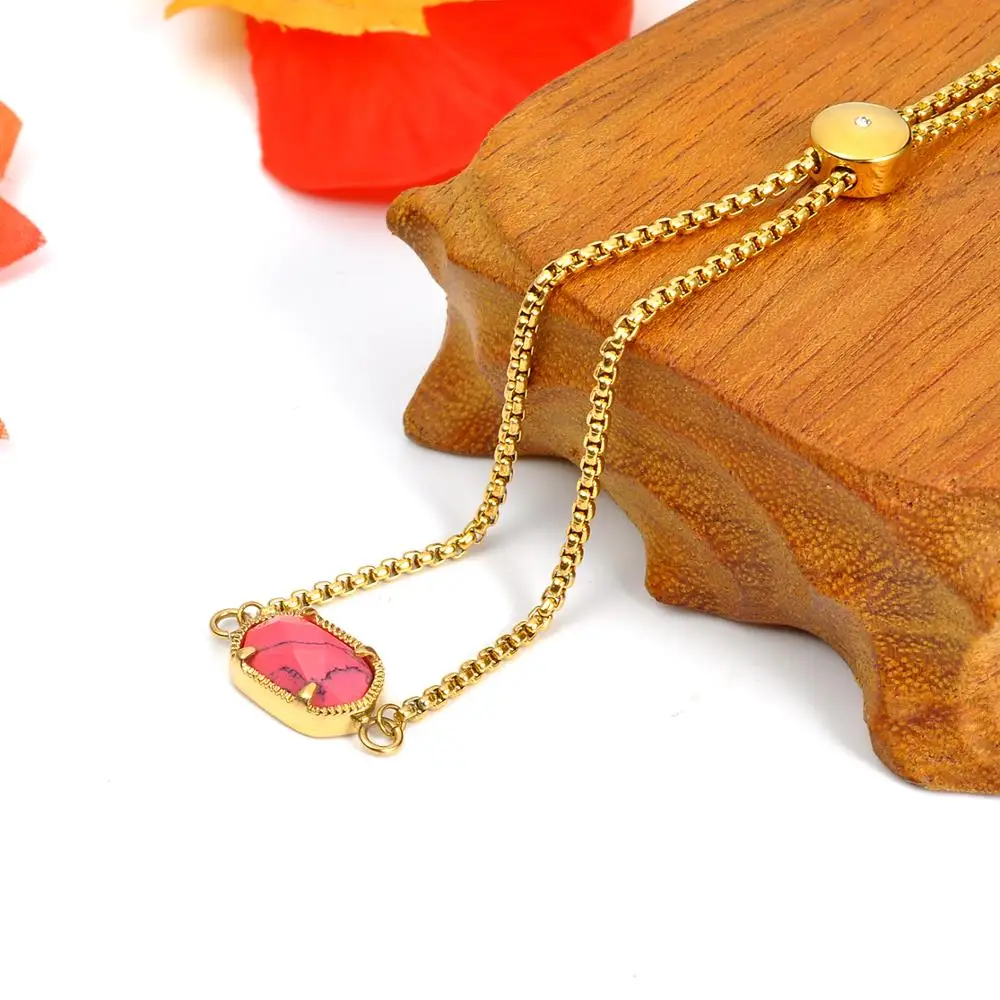 Fashion Jewelry Women Turquoise Stone Charm Gold Chain Adjustable Bracelet
