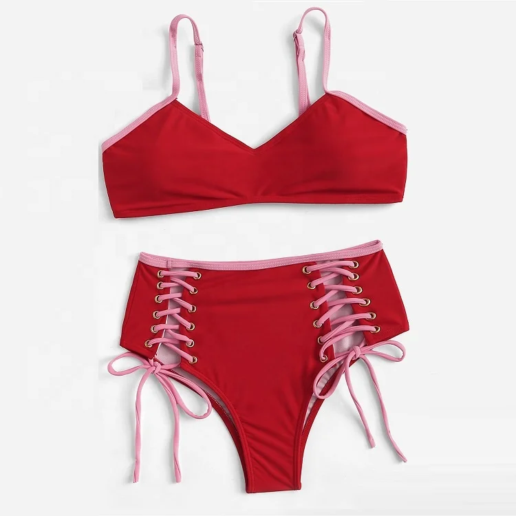 

2019 Red color european style high waist bathing suits for women