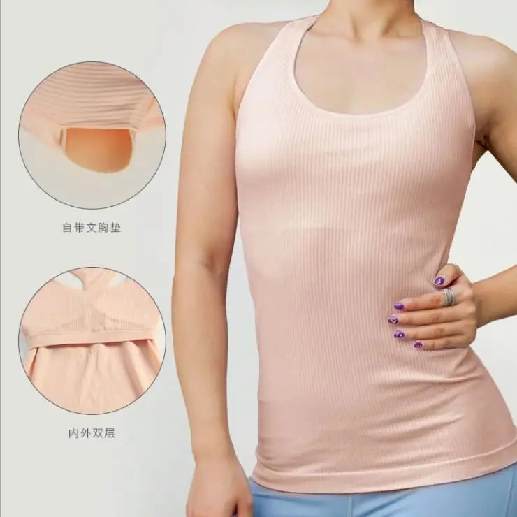 

Sexy Women tank top vest T Shirt Quick dry breathable sports vest yoga clothes chest pad slim solid women fitness top round neck, White, black, light purple, light pink, light green