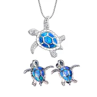 

Australia Blue Fire Opal Sea Turtle Jewelry Sets Stud Earrings Pendant Necklace Birthstone Jewelry Gift