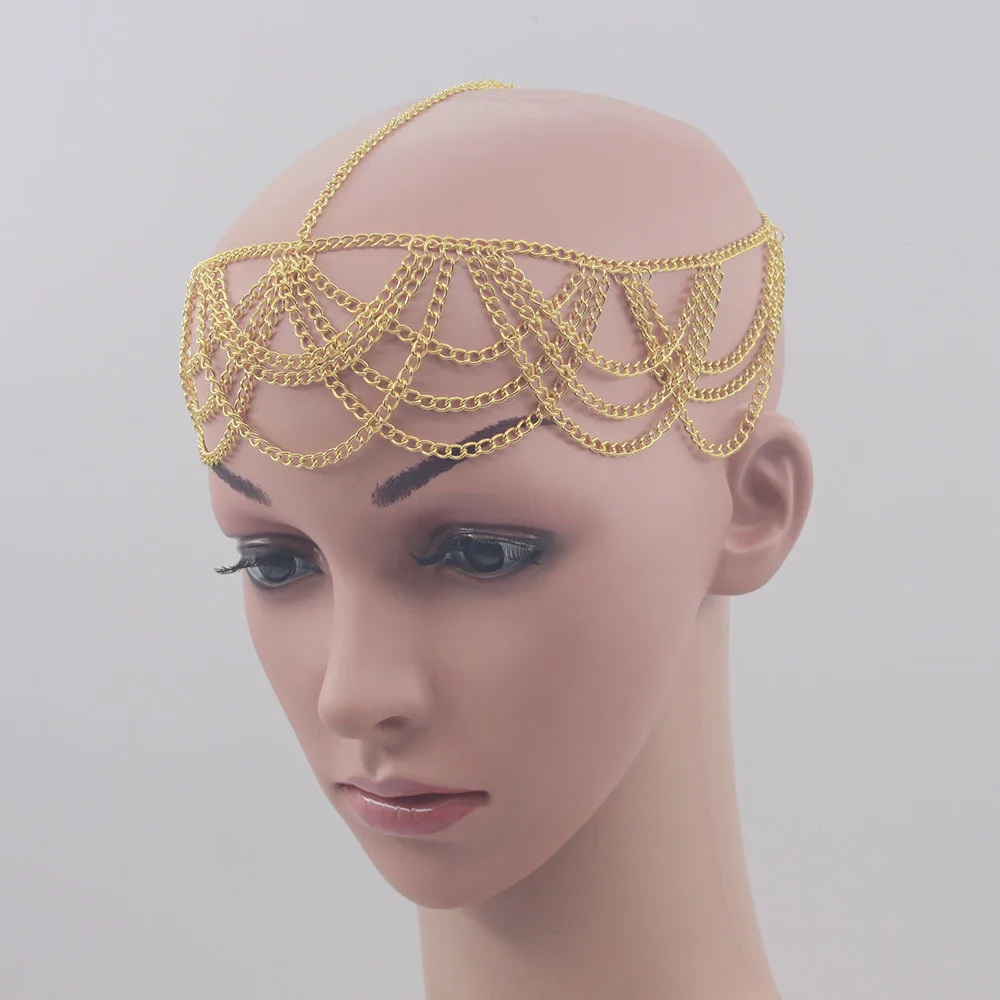

Wholesale Women Color Gold Color Long Tassel Aluminium Head Chains Hair Accessories Layered Harness Body Jewelry Headdress, Gold silver color