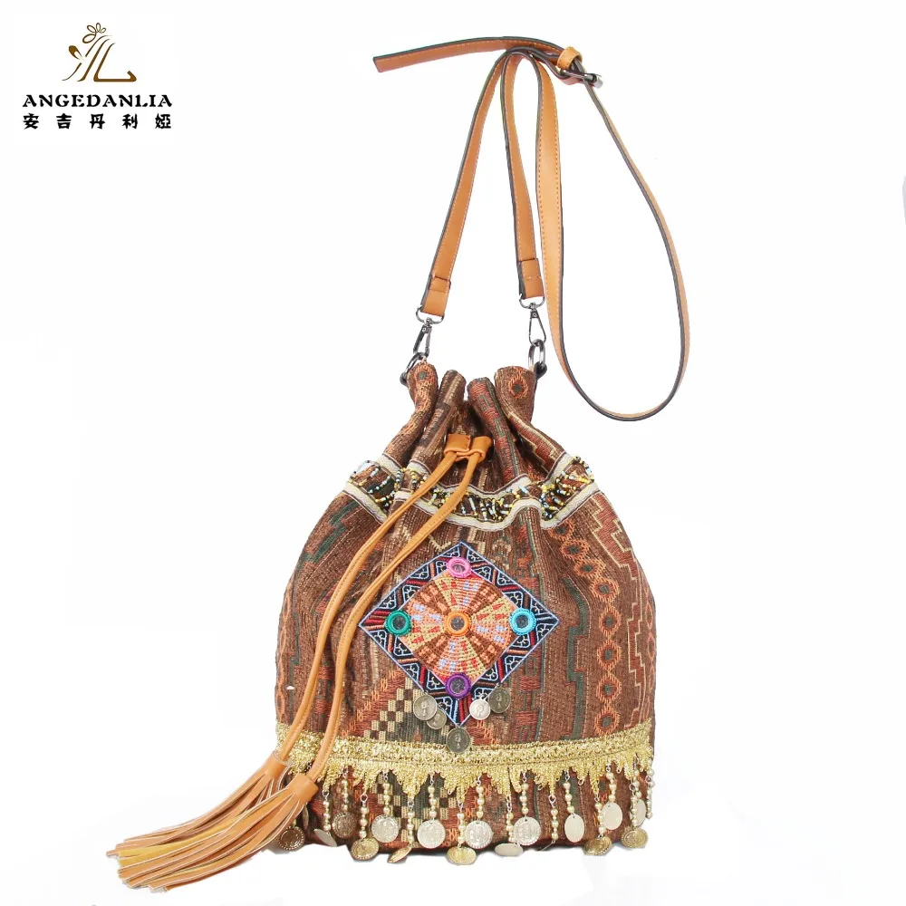 Hmong canvas big Thailand shoulder bag embroidered with pom poms TRIBAL bag