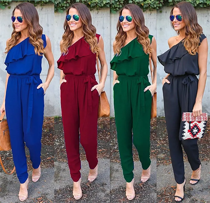 

New Fashion Summer Women Clubwear Playsuit Party Jumpsuits Ladies Romper Trousers Women One Shoulder Sexy Clothes, Red/black/green