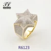 Newly 14K Gold Plated Five-Pointed Star Ring 3D Star Ring Iced Out CZ Simulated Diamond Flooded Ring for Men HipHop Jewelry