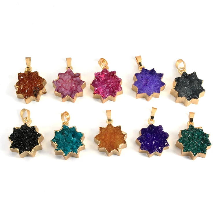 

JF7276 Fashion Gold Plated Druzy Druzzy Quartz Flower Charm Pendants, Blue,purple,pink,black,green,yellow