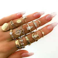 

15Pc/set Retro Palm Heart Coin Star Knuckle Ring Sets Gold Color Gem Crystal Joint Ring For Women Personality Jewelry