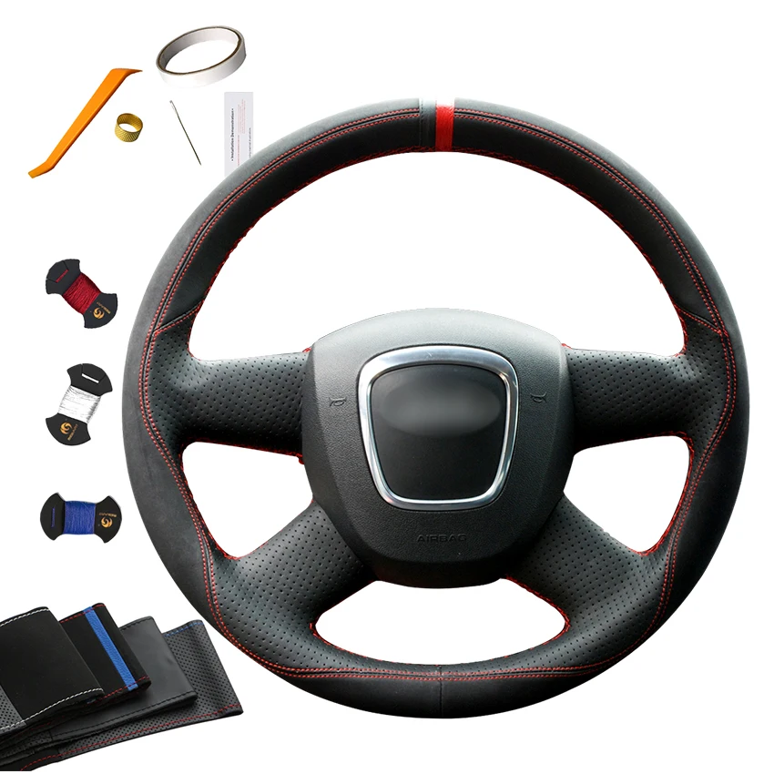 

3D Suede Leather Steering Wheel Cover Red Marker for Audi A3 A4 A6 Q5 Q7 2005 2006 2007 2008 2009 2010 2011 2012 2013