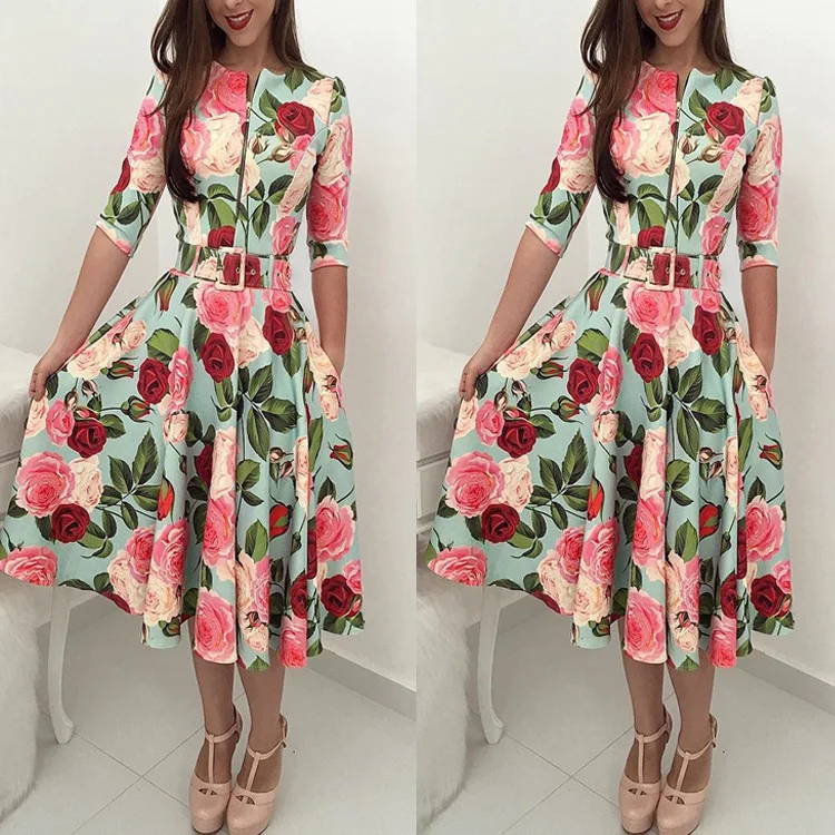 

Wholesale 2022 fashion sexy ladies O-neck short sleeve floral A-line Women Sheath Dresses (C471), Picture