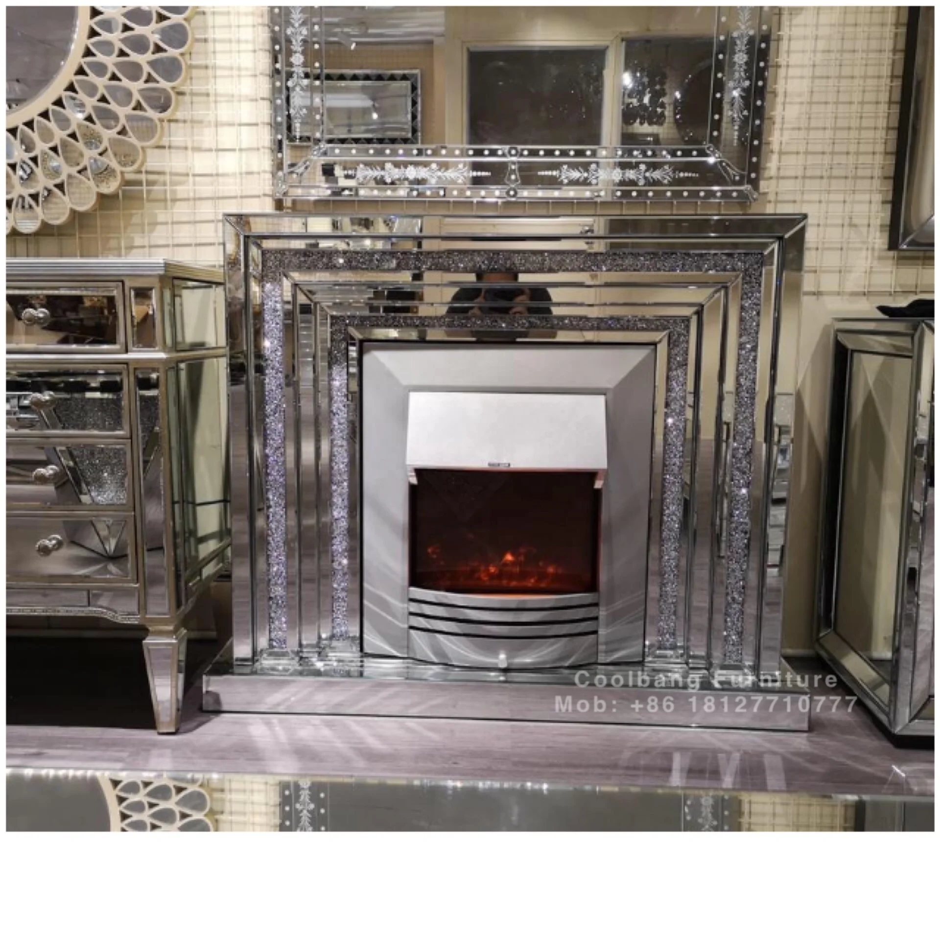 Sparkle Diamond Crush Mirrored Furniture Electric Fireplace View