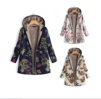 

Plus Size S-5XL Autumn Winter Warm Women Hooded Floral Print Coat Fluffy Fur Fleece Cozy Zipper Coat Outwear